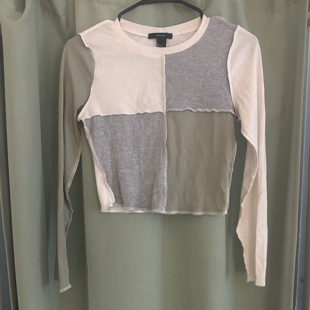 Forever 21 Patchwork Long Sleeve Top - Cream, Gray, Green
